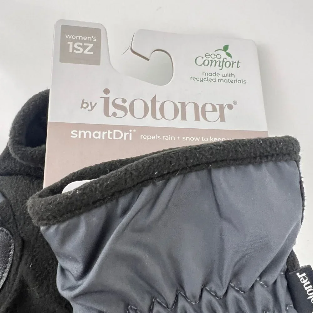 Isotoner Eco Comfort Womens Cold Weather Gloves Gray/Black OS Fleece Lined Smart